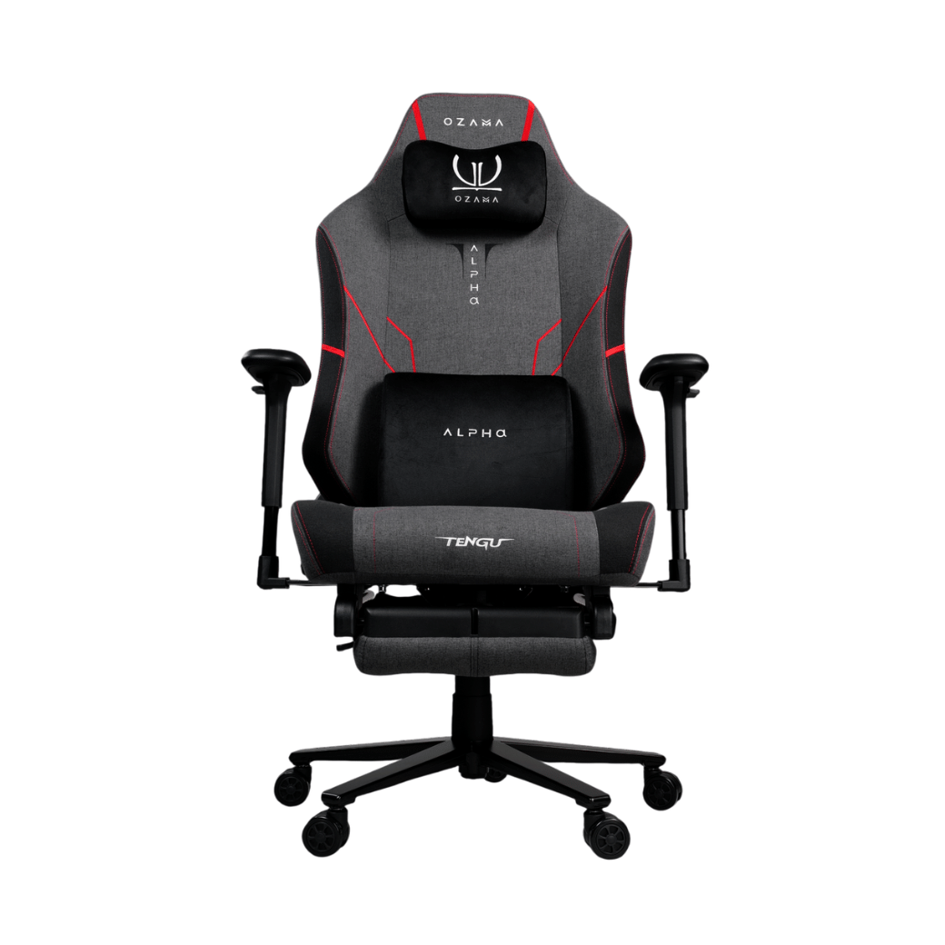 บัลลังก์เกมมิ่ง OZAMA ภายใต้แบรนด์ TENGUGAMINGGEARS รุ่น ALPHA TITAN FABRIC (CH-APT-F-RDF) สีดำแดง เบาะผ้า มีที่พักเท้า